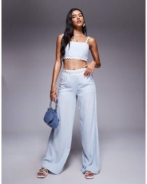 Missy Empire Cotton Scallop Trim Waist Detail Wide Leg Trousers Co-ord - Blue