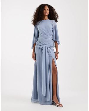 TFNC London Bridesmaids Cape Chiffon Maxi Dress With Tie Front - Blue