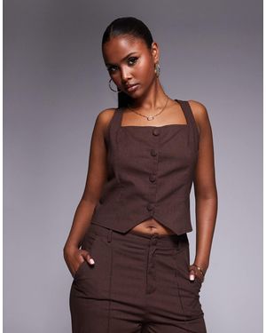 Kaiia Exclusive Cotton Blend Linen Look Square Neck Waistcoat Top Co-Ord - Brown