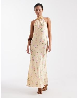 New Look Floral Corsage Halterneck Satin Midi Dress - Natural