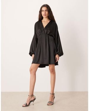 Gina Tricot V Neck Satin Batwing Sleeve Mini Dress With Wrap Front Detail - Black