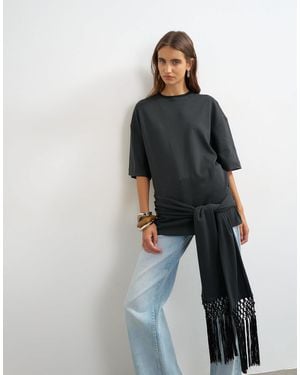 TOPSHOP Premium Fringe Tie Detail Tee - Black