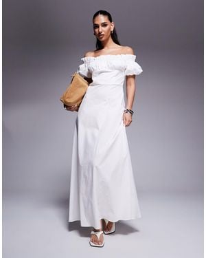 Kaiia Exclusive Bardot Poplin Puff Sleeve Maxi Dress - Gray
