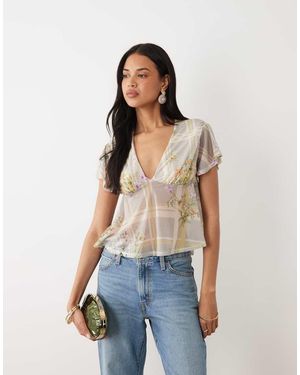 ASOS Printed Stretch Chiffon Flutter Sleeve Top - Blue