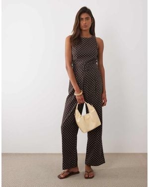 Mango Linen Mix Belted Jumpsuit - Brown