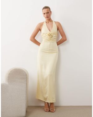 Pretty Lavish Satin Halterneck Maxi With Corsage And Ruching - Natural