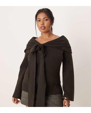 Pretty Lavish Curve Bow Bardot Knit Top - Black