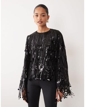 Sister Jane Sequin Fringe Tie Back Detail Top - Black
