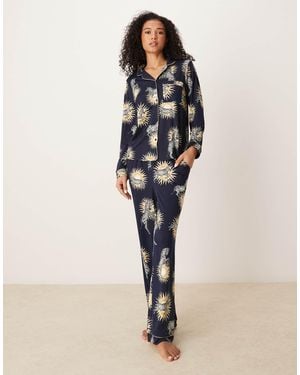 Chelsea Peers – pyjama aus polyester mit sonnen- und zebramuster aus langärmligem oberteil mit reverskragen und hose - Natur