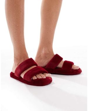 Brave Soul Faux Fur Double Strap Slider Slippers - Red