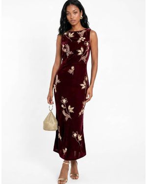 Maya Floral Embellished Cowl Back Velvet Midaxi Dress - Red