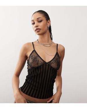 Collusion Striped Sheer Lace Mix Cami - Black