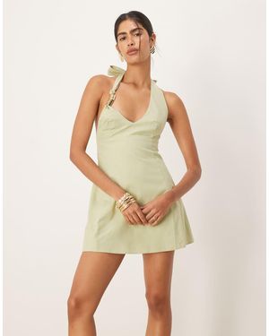 SNDY'S Linen Look Metal Detail Halterneck Open Back Mini Dress - Green