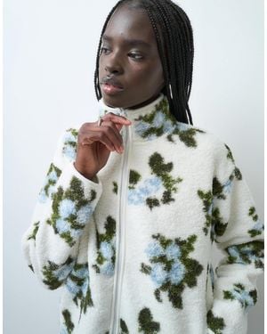 Pieces Zip Front Floral Print Teddy Jacket - White