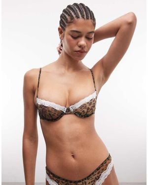 ASOS Savannah Sheer Mesh Leopard Print Underwire Bra With Cream Lace Trim - Natural