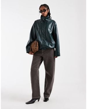 ASOS Clean Leather Look Funnel Track Bomber Jacket - Green