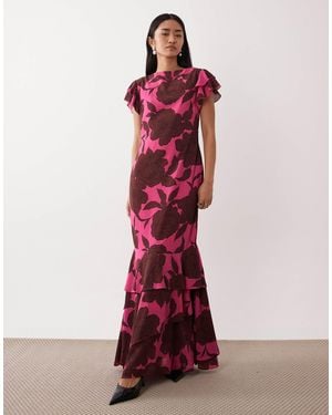 Pretty Lavish Chiffon Frill Sleeve Maxi Dress - Red