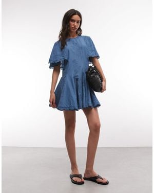 AllSaints Corla Short Sleeve Lace Ruffle High Neck Mini Dress - Blue