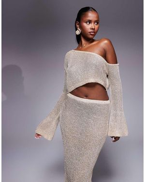 Wanderdoll Gigi Metallic Knit Cropped Off Shoulder Beach Top Co-Ord - Grey
