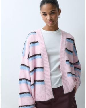 Miss Selfridge Stripe Fluffy Edge To Edge Cardigan - White