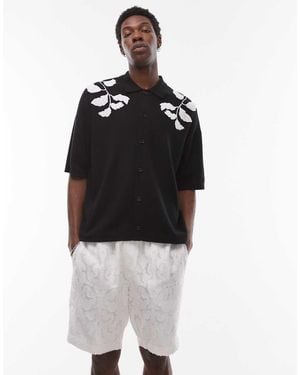 TOPMAN Embroidered Floral Knitted Shirt - Black