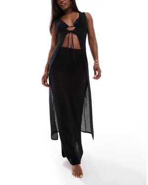 Kaiia Exclusive Crochet Knit Tie Front Maxi Top - Black
