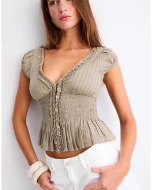 Stradivarius Chemise froncée à manches courtes - kaki - Gris