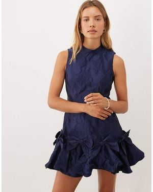 Sister Jane Exclusive Jacquard Sleeveless Cinched Waist Bow Hem Mini Dress - Blue