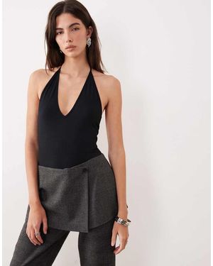 Motel Kitty Deep Plunge Halter Bodysuit - Black