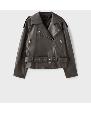 Stradivarius Leather Effect Biker Jacket With Belt - Black