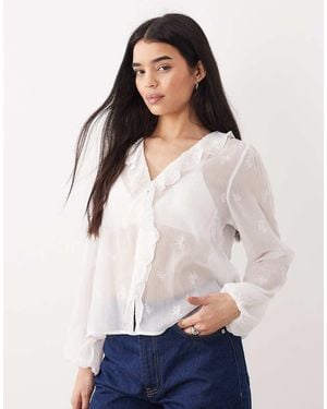 Abercrombie & Fitch Flowy Long Sleeve Blouse With Front Ruffle Detail - White