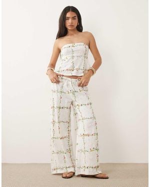 ASOS Broek Van Jersey Met Wijde Pijpen, Trekkoord En Broderie - Naturel