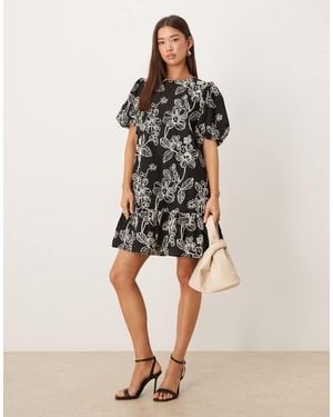 Lovedrobe Embroidered Short Sleeve Swing Mini Dress - Natural