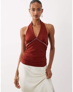 ASOS Compact Cotton Ruched Halter Neck Top With Bead Detail - Red