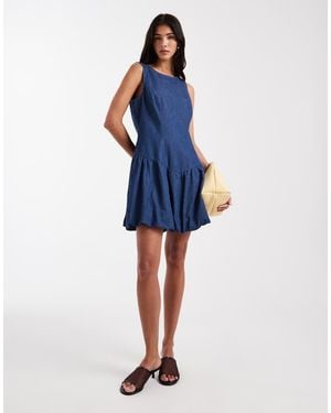 Pieces Denim Drop Waist Bubble Hem Mini Dress - Blue