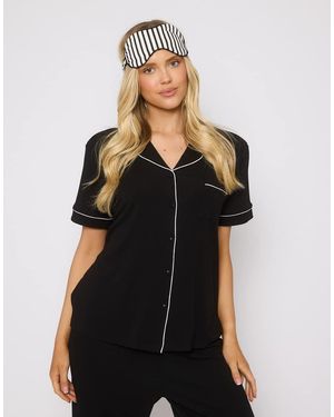 Loungeable Rib Short Sleeve Traditional Shirt And Long Pant - Blue