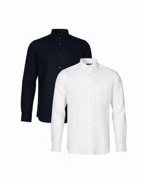 French Connection 2 Pack Linen Blend Long Sleeve Chest Pocket Shirt - Blue