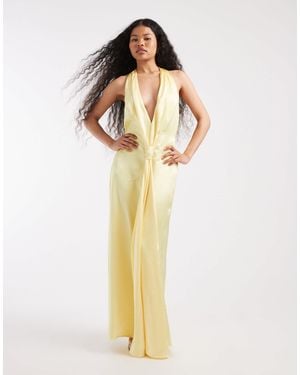 TFNC London Bridesmaid Satin Plunge Halter Neck Tassel Detail Maxi Dress - Yellow
