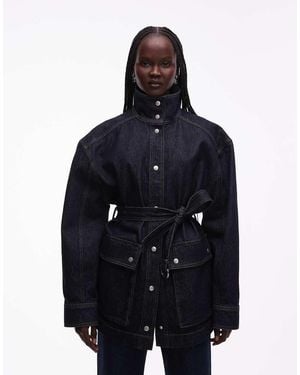 & Other Stories Pure Cotton Funnel Neck Denim Short Jacket With Belt Detail - Blue