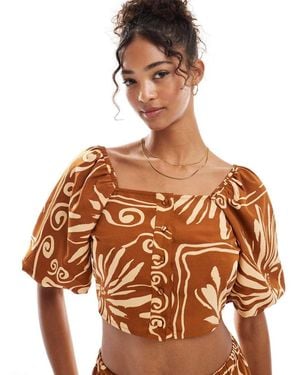 Wednesday's Girl Tile Floral Puff Sleeve Blouse Co-ord - Brown