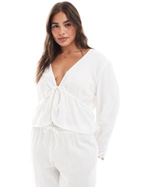 Pieces Plus Pieces Curve Crinkle Cotton Tie Front Cropped Blouse Co-Ord - White