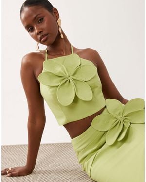 ASOS Linen Halter Top With 3d Flower - Green