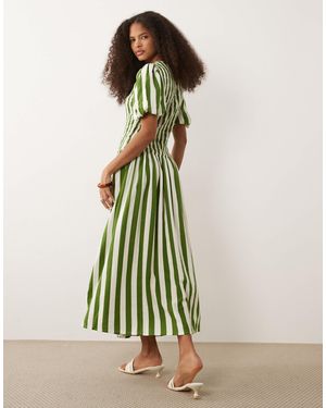 Nobody's Child Amanda Linen Blend Puff Sleeve Shirred Bodice Midi Dress - Natural