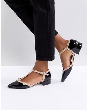 Dune London Clio T Bar Studded Flat Shoes - Black