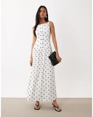 Kaiia Exclusive High Square Neck Button Through Drop Waist Satin Maxi Dress - White