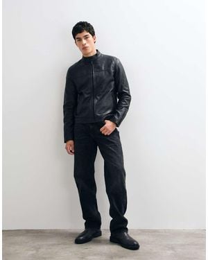 Barneys Originals Real Leather Café Racer Jacket - Blue