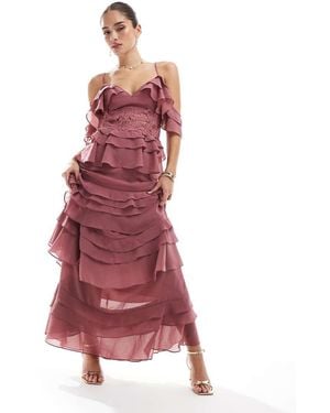True Decadence Plunge Front Tiered Ruffle Maxi Dress