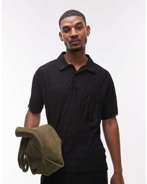 TOPMAN Relaxed Fit Plisse Polo - Black