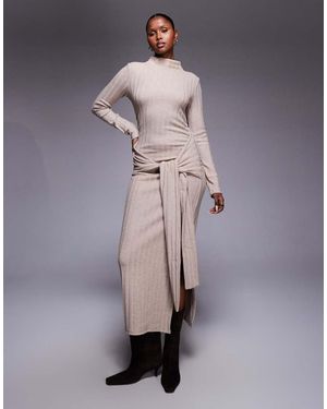 ASOS Ribbed High Neck Tie Front Midi Dress - Natural