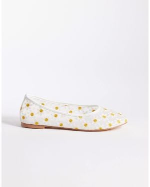Public Desire Dainty Mesh Ballet Flats With Daisy Embroidered - White
